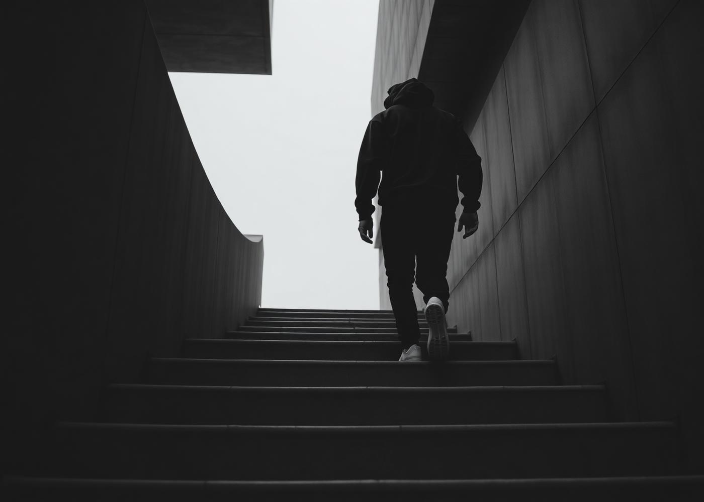 A person climbing concrete stairs at dawn in a black hoodie